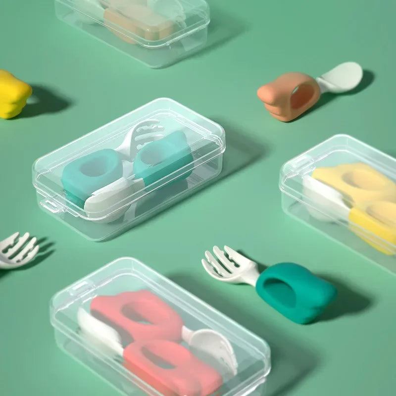 Cuchara, tenedor para bebé, aprender a comer, entrenar, 1-2 años, comer, juego de palillos para bebé, tenedor de comida complementaria, vajilla de plástico