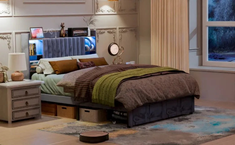 Base de Cama con Almacenamiento y Cabecero de Terciopelo, Estación de Carga, Bases de Cama Regulables, Cama de Lujo con Cabecero de Ala, Muebles de Lujo