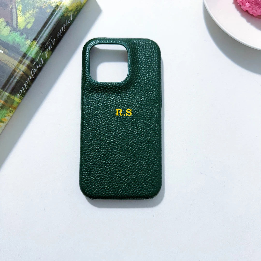 Funda rígida de cuero PU con nombre personalizado para iPhone16, 16e, 15, 14, 13, 12, 11 Pro, Funda trasera a prueba de golpes