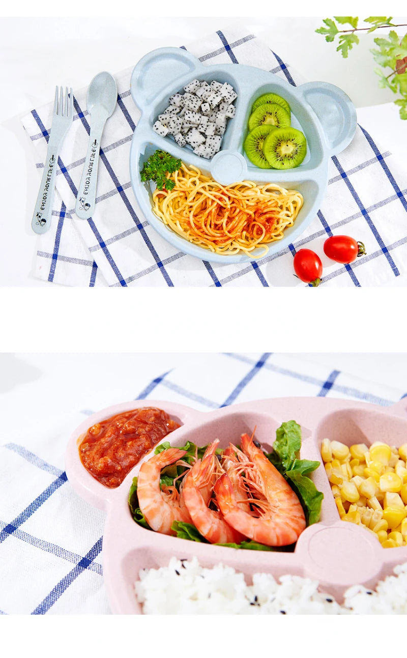 3 unids/set vajilla de alimentación de comida para bebé tazón de oso de dibujos animados + cuchara + tenedor vajilla para comer platos para niños plato de comedor para niños