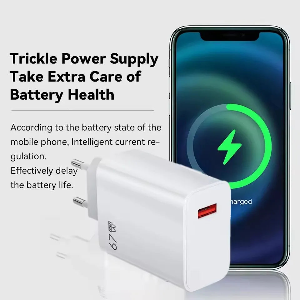 Cargador USB GaN de 67W con Carga Rápida, Cargador de Pared con Cable USB Tipo-C de 6A, Carga Rápida 3.0, Enchufe para iPhone, Samsung, Xiaomi