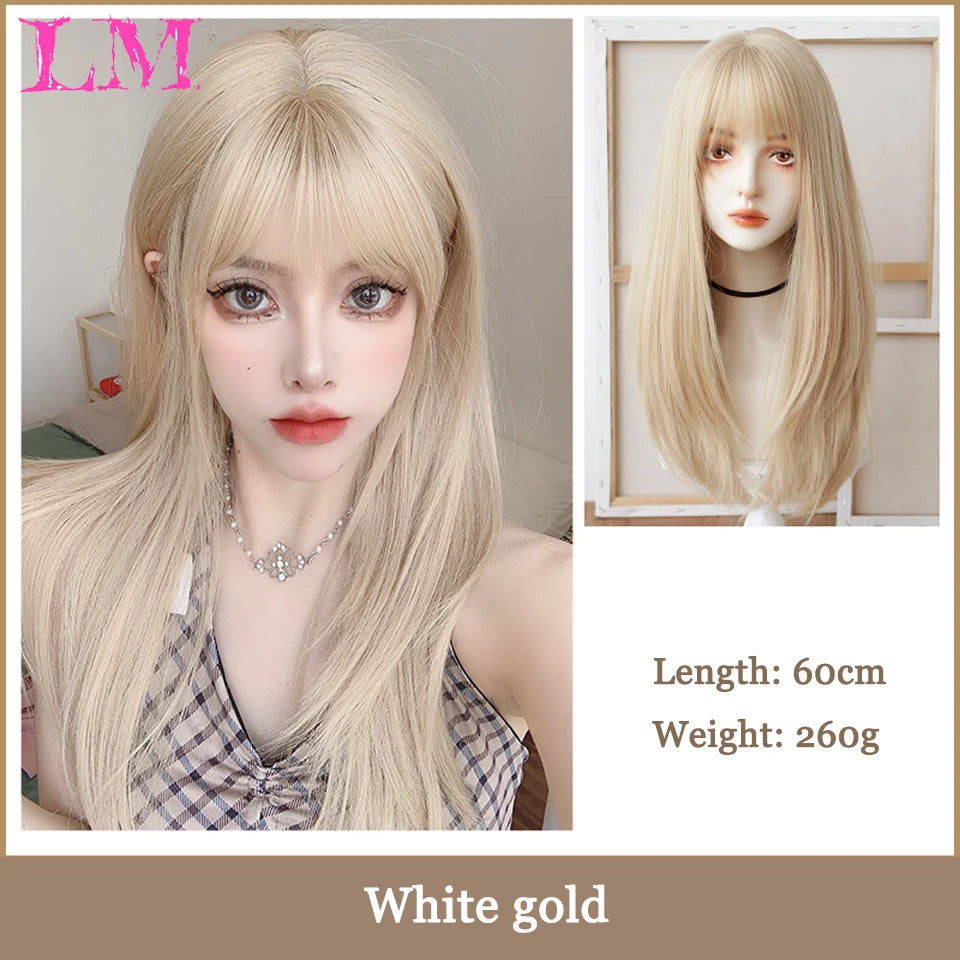 Pelucas sintéticas largas y rectas LM, color azul claro con reflejos de ceniza, peluca de Cosplay con flequillo para mujeres, pelo Natural, fibra resistente al calor