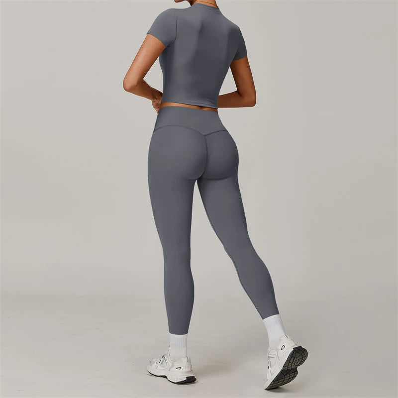 Conjunto de Yoga de 2 piezas para mujer, ropa deportiva de entrenamiento, ropa de gimnasio, Top corto de manga corta, mallas de cintura alta, trajes deportivos