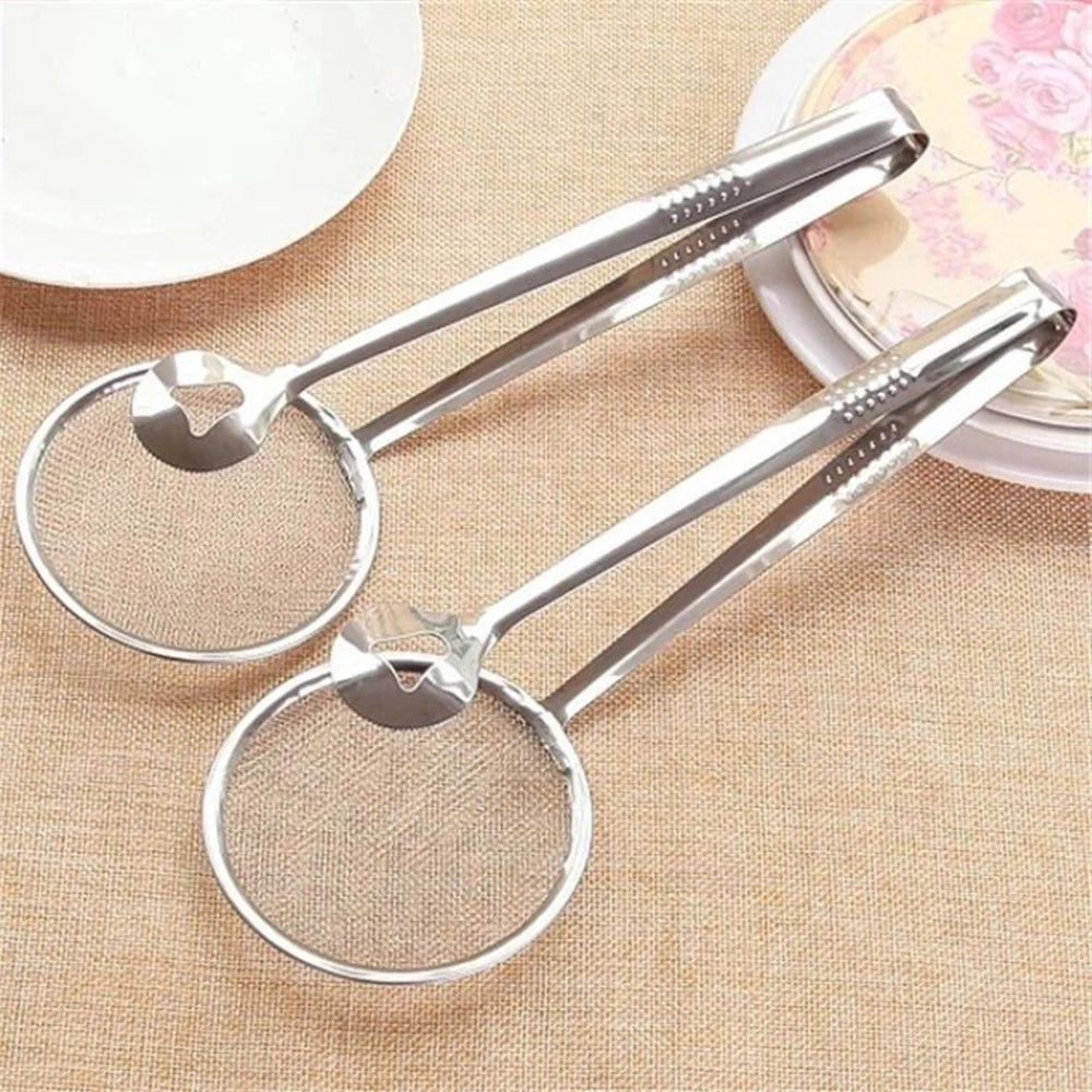 Filtro de pinza para freír aceite de acero inoxidable, colador de malla fina con pinzas de Clip para freír aceite, alimentos, barbacoa, herramientas de cocina