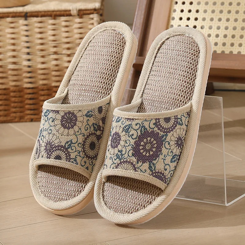 Otoño Invierno zapatillas de suelo para mujer Retro de lino con punta abierta EVA sandalias casuales de fondo grueso zapatillas de interior para parejas zapatos