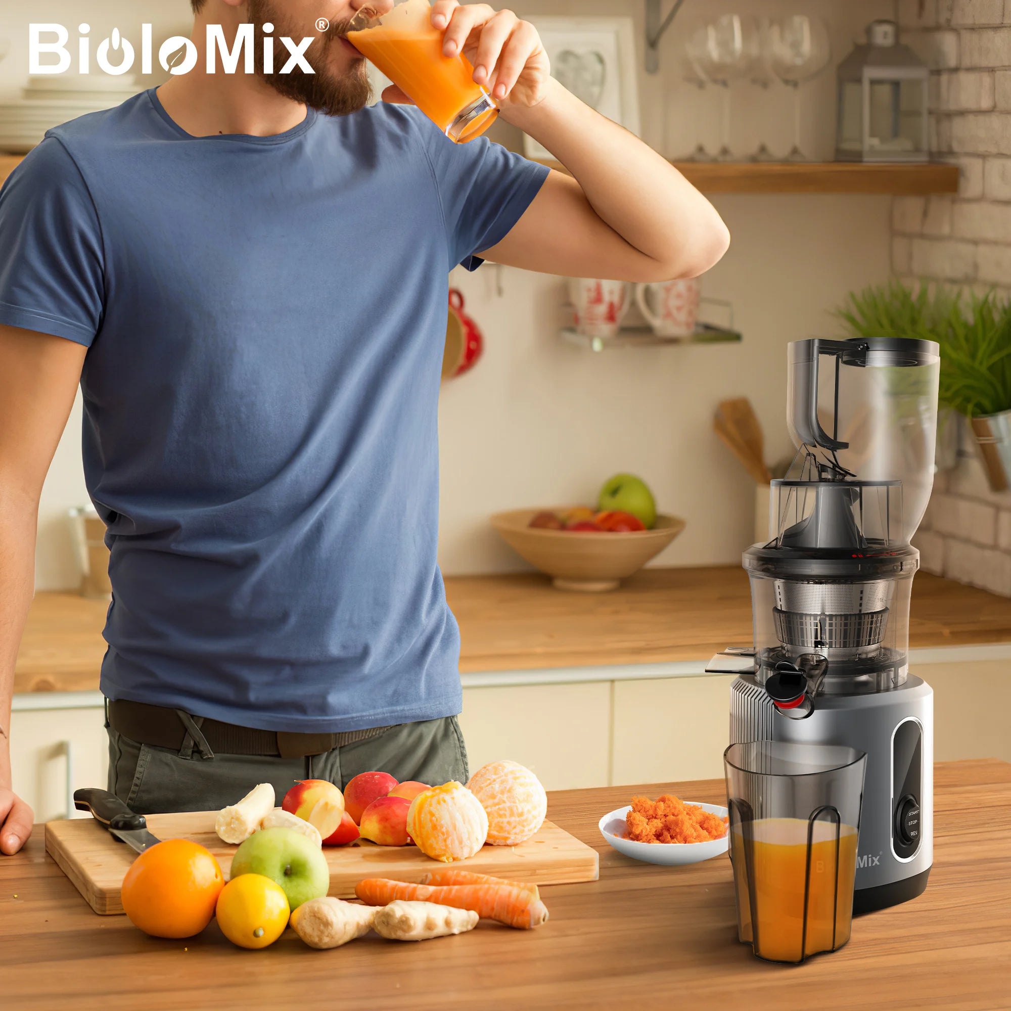 BioloMix-exprimidor de prensa en frío con conducto de alimentación de 78mm, potente Motor de 200W, 40-65RPM, Extractor de zumo de masticulación lenta, se adapta a frutas completas