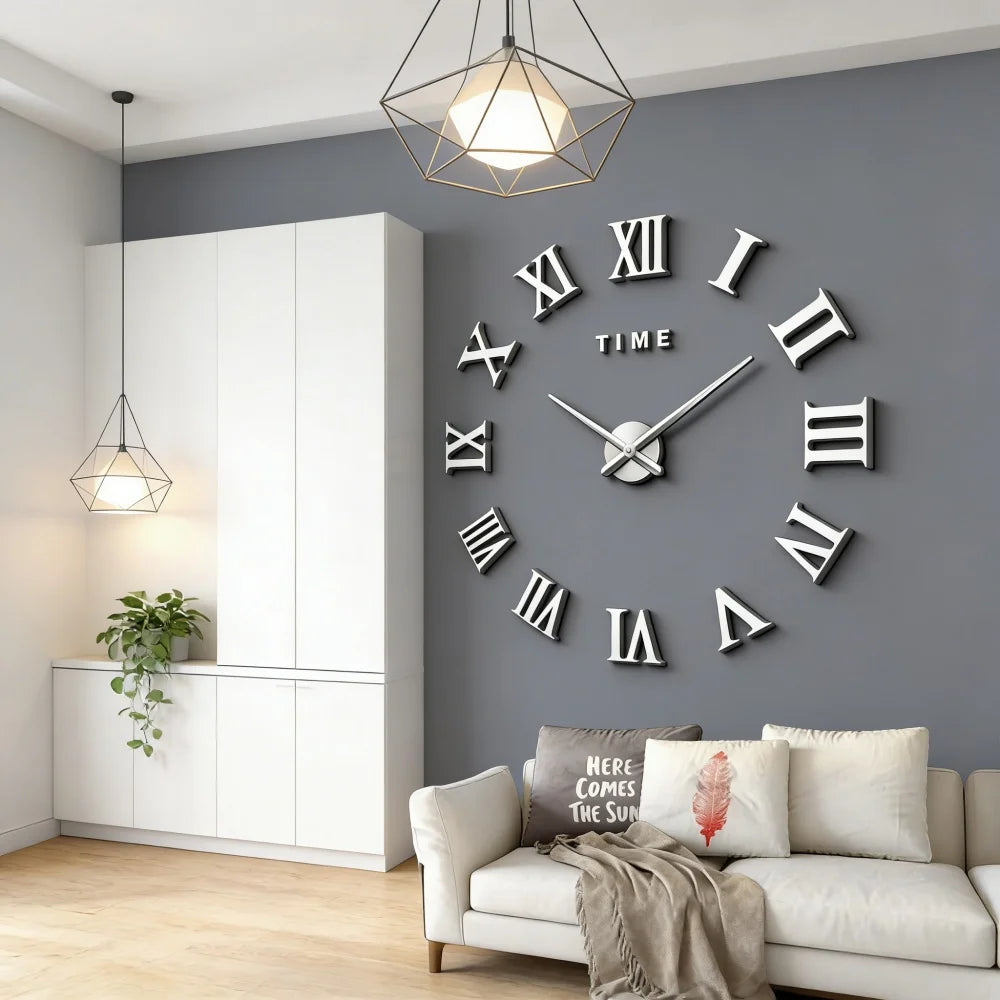 Reloj de pared con espejo acrílico de Número Romano grande 2D/3D, pegatina de moda DIY, relojes de cuarzo, reloj, decoración del hogar, pegatinas para el salón