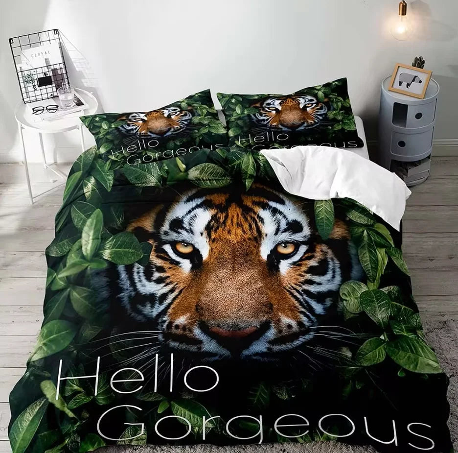 Juego de cama de tamaño completo para parejas, funda de edredón, decoración de dormitorio, León, Rey y Reina, Animal Safari africano, color negro, 3 piezas