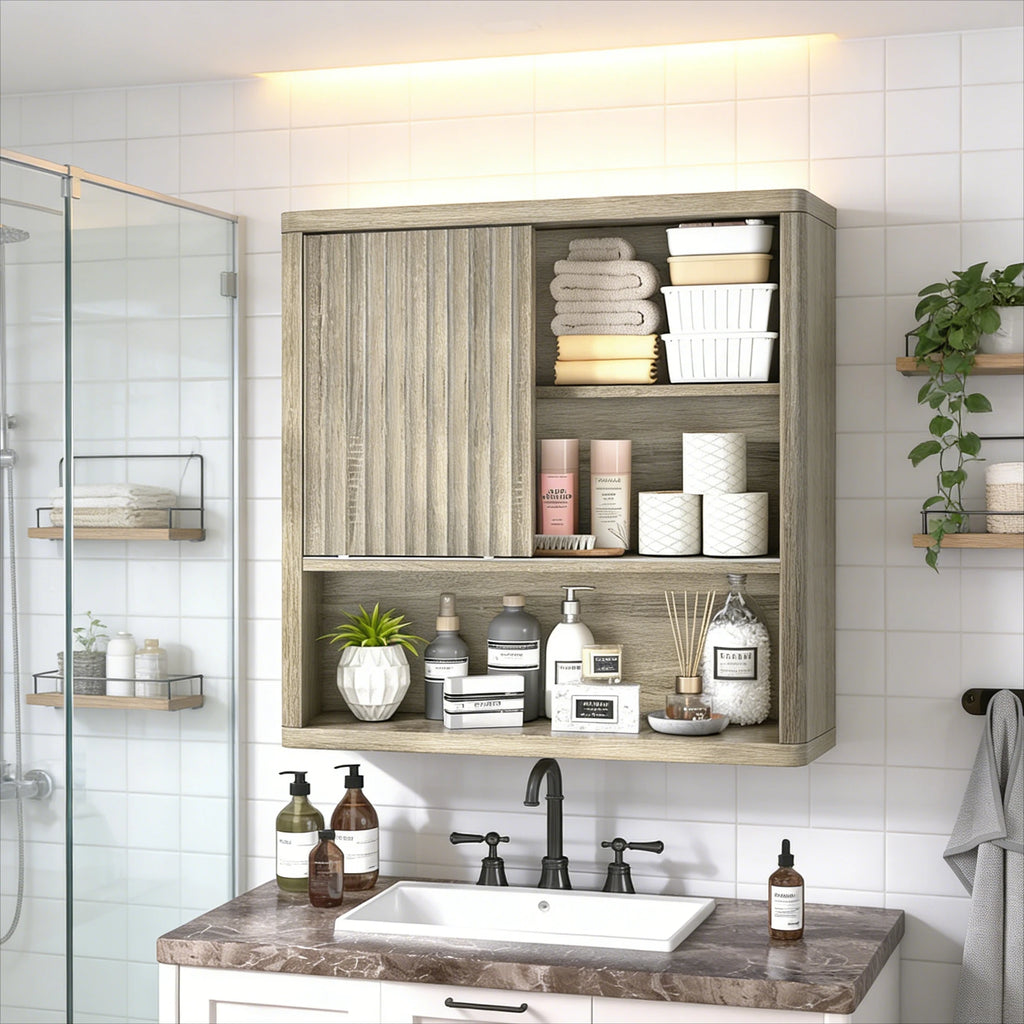 Armario de pared de roble original para baño, dormitorio, cocina, con puerta corredera, 3 niveles, estante flotante de madera montado en la pared