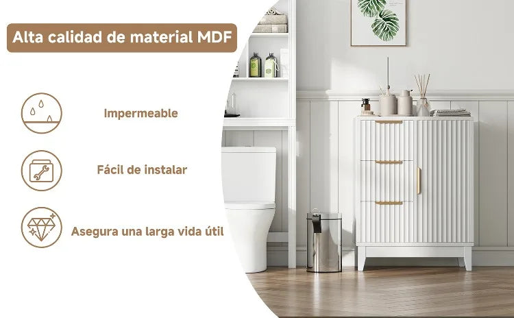 Organizador lateral de madera con 3 cajones y una puerta, con patas elevadas, para almacenamiento en el suelo, ideal para baño, ducha, dormitorio o armario del hogar.