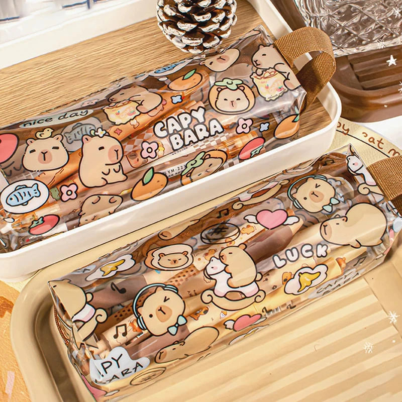 Estuches de lápices de capibara de dibujos animados, bonitos bolsos para bolígrafos, estuche de lápices con cremallera Kawaii, papelería para estudiantes, suministros escolares y de oficina, regalos