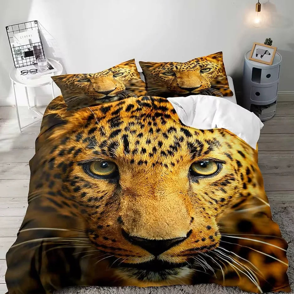 Juego de cama de tamaño completo para parejas, funda de edredón, decoración de dormitorio, León, Rey y Reina, Animal Safari africano, color negro, 3 piezas