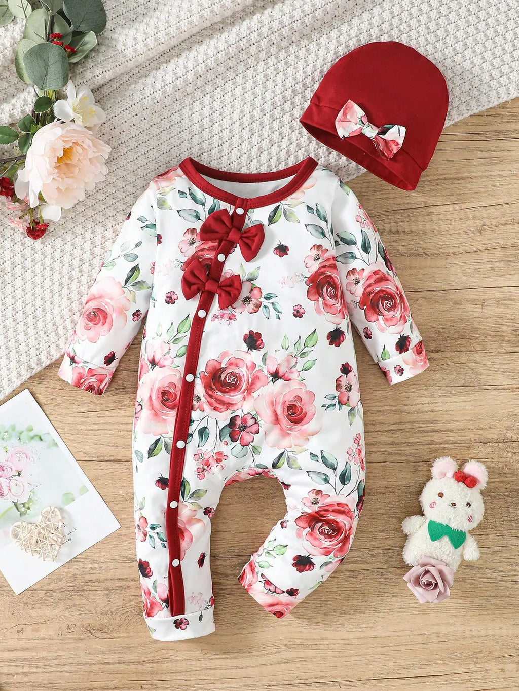Pelele y sombrero con diseño floral para bebé niña, 1-24m, con lazo, suave y cómodo, primavera y otoño