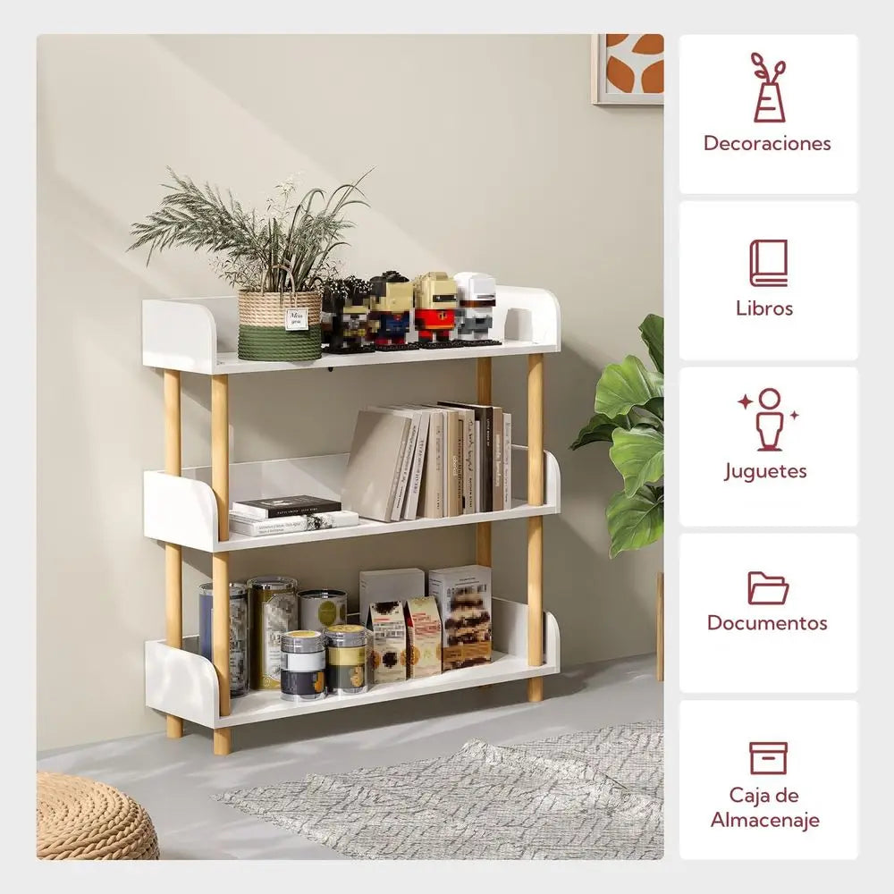 Librero Blanco de 3 Niveles, Librero Organizador Minimalista de Madera, Estantería, Estante Organizador para Oficina, Sala de Estudio