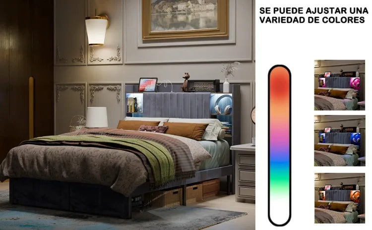 Base de Cama con Almacenamiento y Cabecero de Terciopelo, Estación de Carga, Bases de Cama Regulables, Cama de Lujo con Cabecero de Ala, Muebles de Lujo