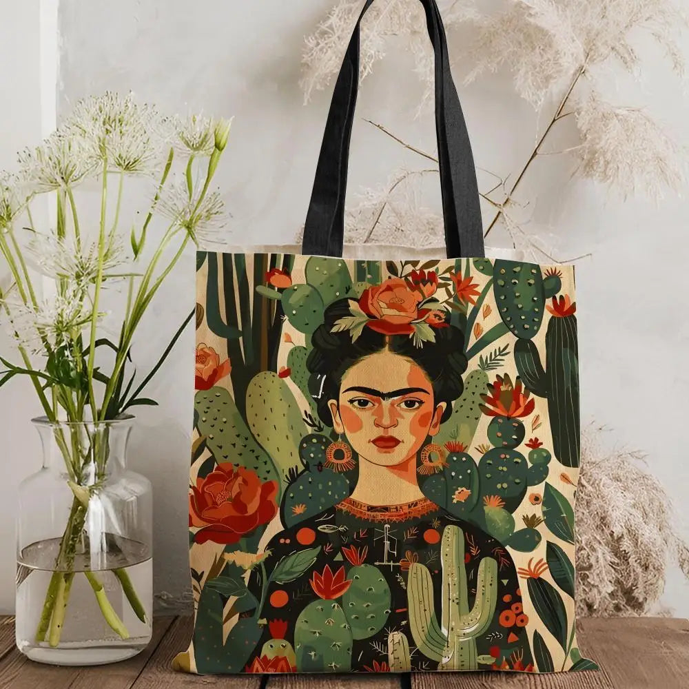 Bolsos de Almacenamiento Art F-Frida Kahlo, Bolso Tote de Lona con Estampado a Doble Cara, Bolso de Hombro de Gran Capacidad para Mujer