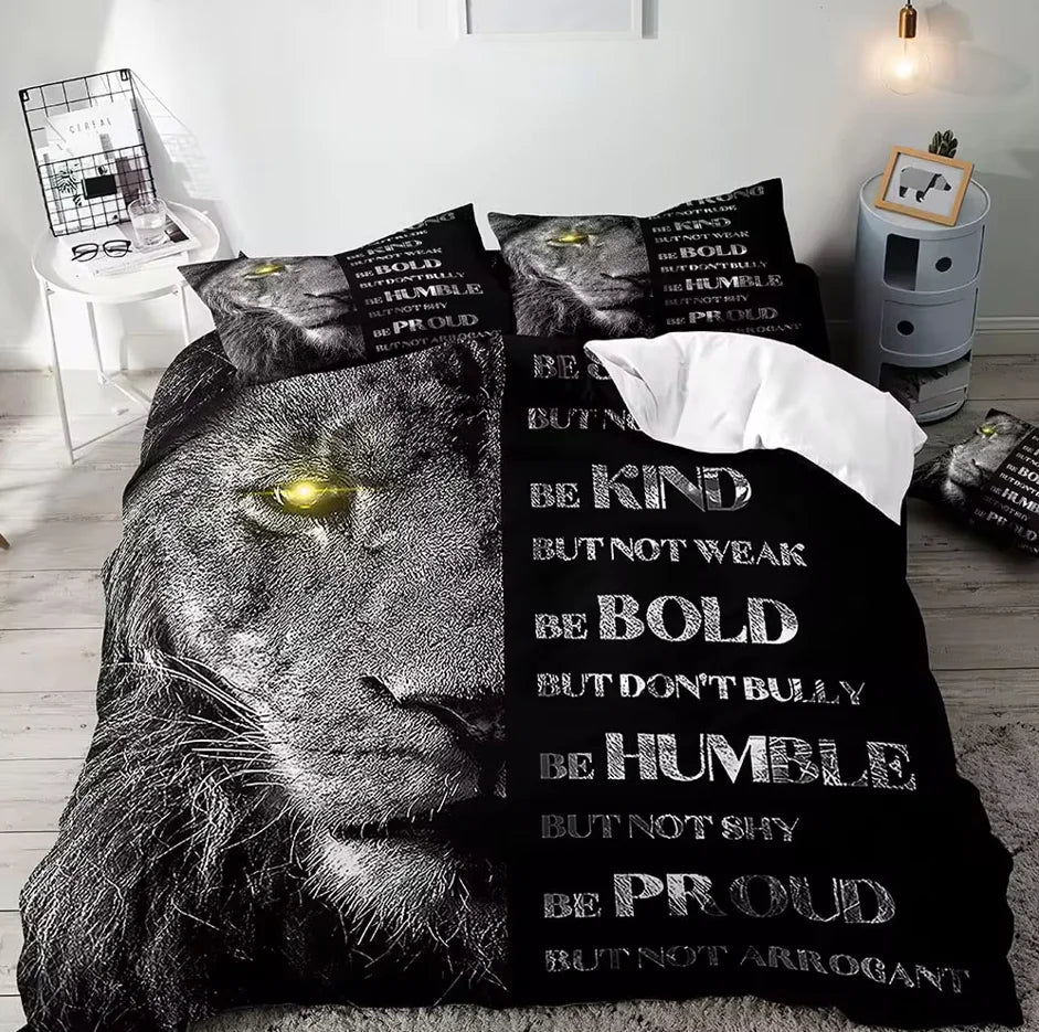 Juego de cama de tamaño completo para parejas, funda de edredón, decoración de dormitorio, León, Rey y Reina, Animal Safari africano, color negro, 3 piezas
