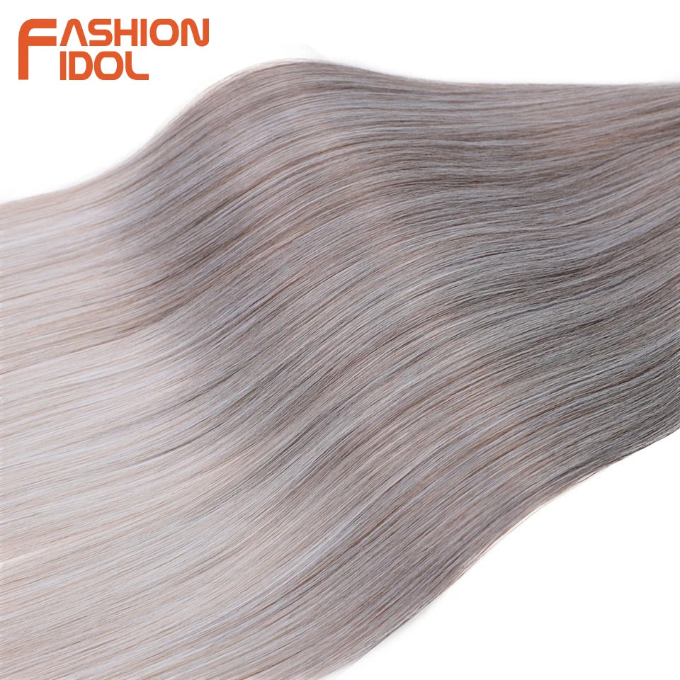 FASHION IDOL, 28 pulgadas, 300g/3 piezas, cabello liso, cabello trenzado sintético, extensiones de cabello de fibra resistente al calor, color gris ombré