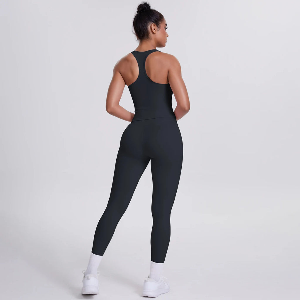 Hamidou - Conjunto de yoga de 2 piezas para mujer: leggings de fitness de secado rápido con efecto push-up y top deportivo con espalda en I de color liso.