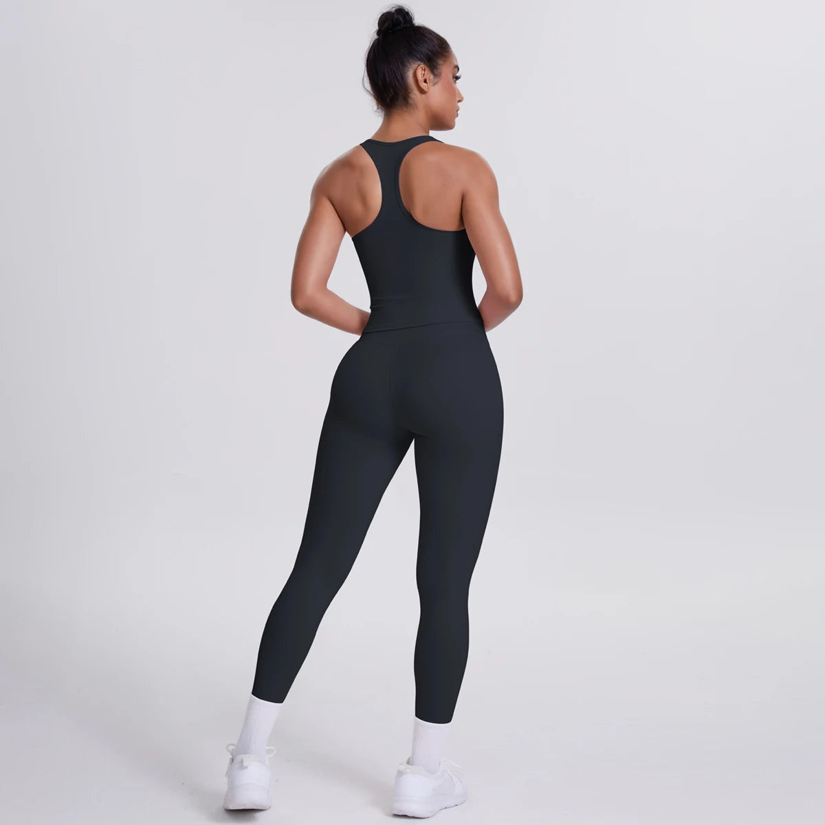 Hamidou - Conjunto de yoga de 2 piezas para mujer: leggings de fitness de secado rápido con efecto push-up y top deportivo con espalda en I de color liso.