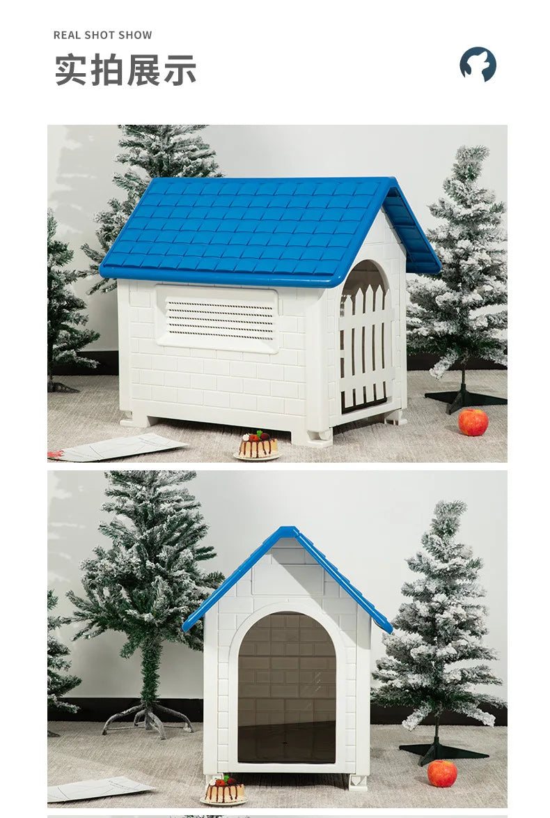 Casa para perros interior y exterior: cubierta extraíble a prueba de lluvia, perrera de plástico para perros medianos/grandes, refugio impermeable y resistente al viento
