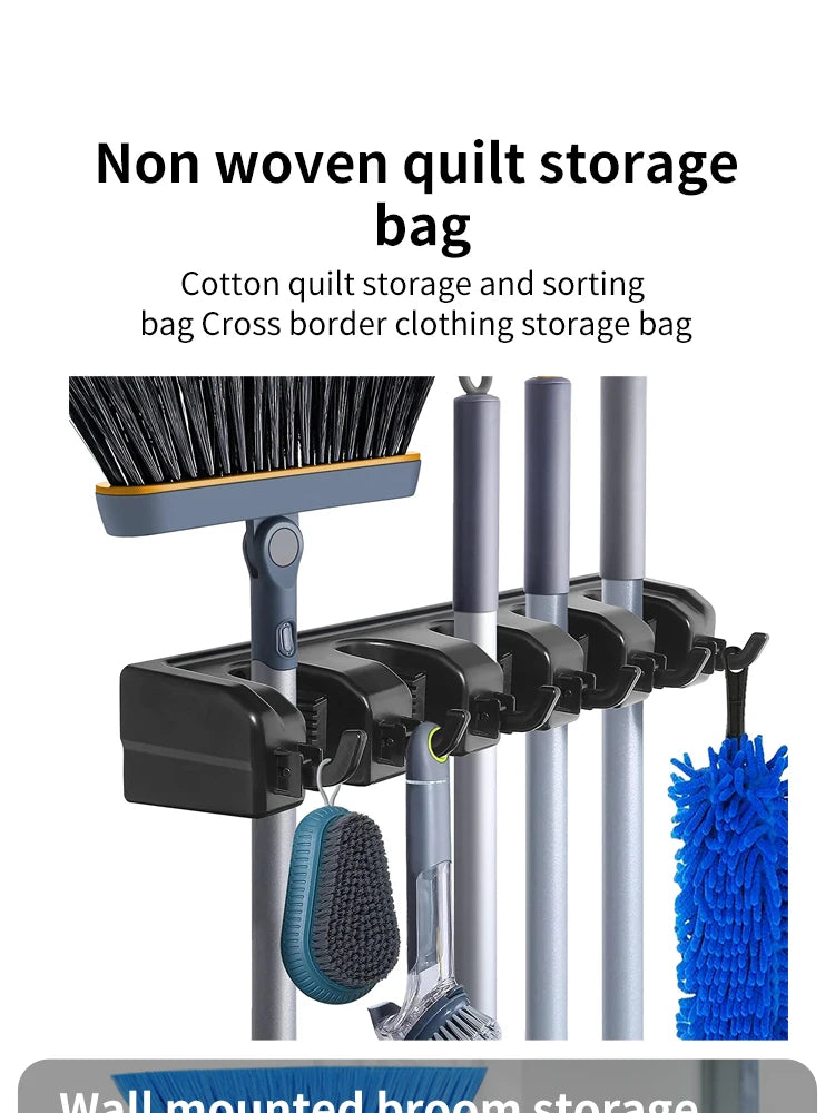 Soporte para fregona montado en la pared, colgador multifuncional de 3/4/5 posiciones, estante de almacenamiento de plástico mágico negro para cocina y hogar
