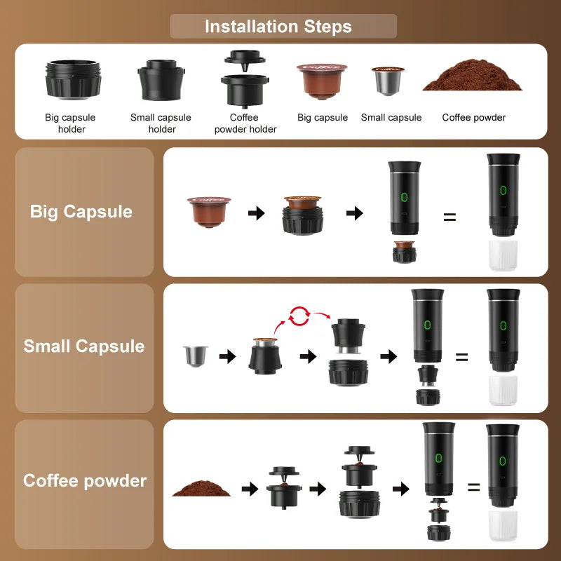 Cafetera Espresso portátil eléctrica inalámbrica para coche y hogar, cafetera para acampar, cafetera de viaje en polvo con cápsula 3 en 1