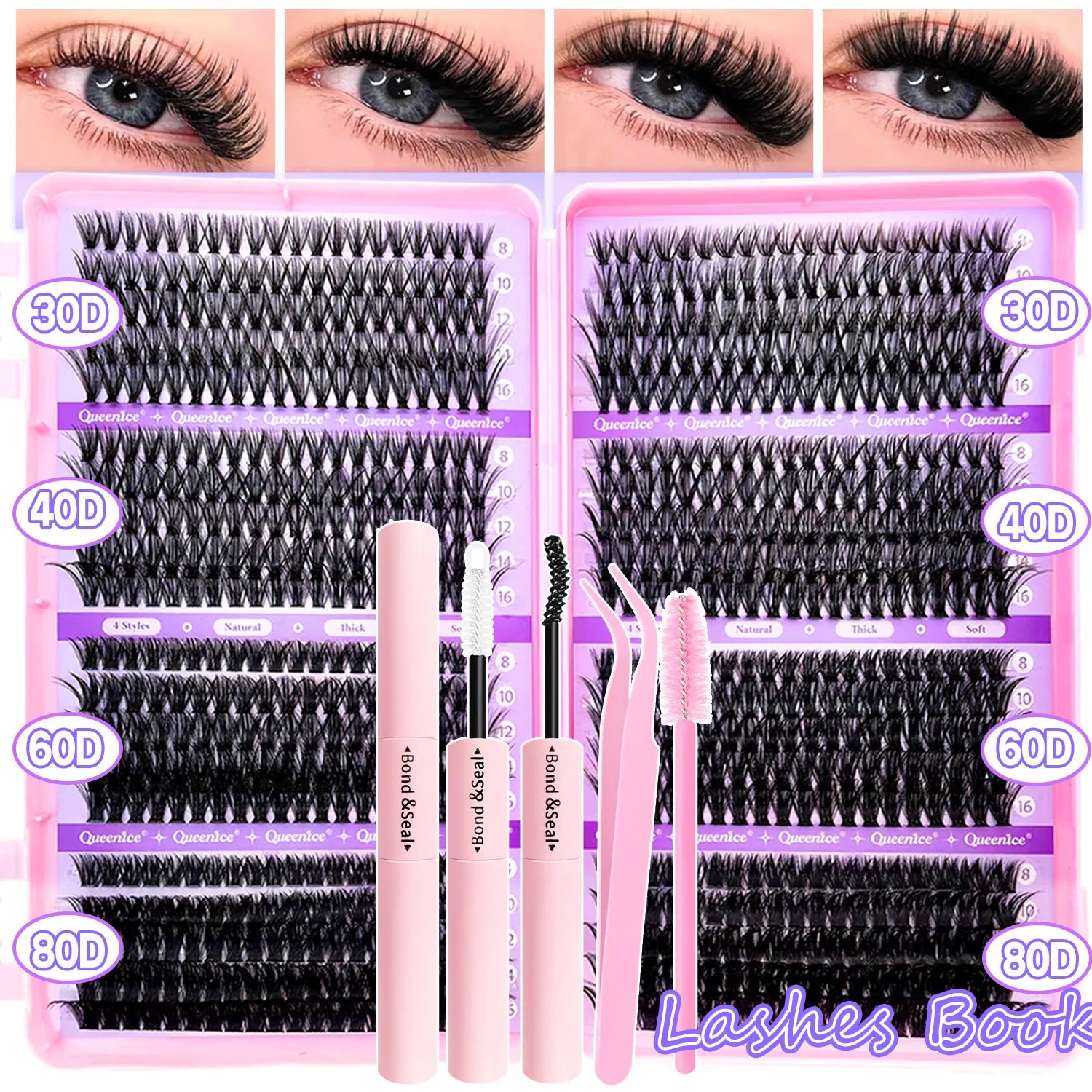Kit de extensión de pestañas DIY, grupos de pestañas individuales de 9-16mm con unión y sello, pestañas naturales tenues