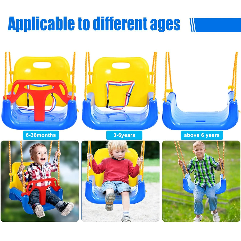 Asiento de columpio para bebé 3 en 1, columpio para niños pequeños, antideslizante y desmontable seguro para bebés y adolescentes, asiento de columpio para patio de juegos exterior