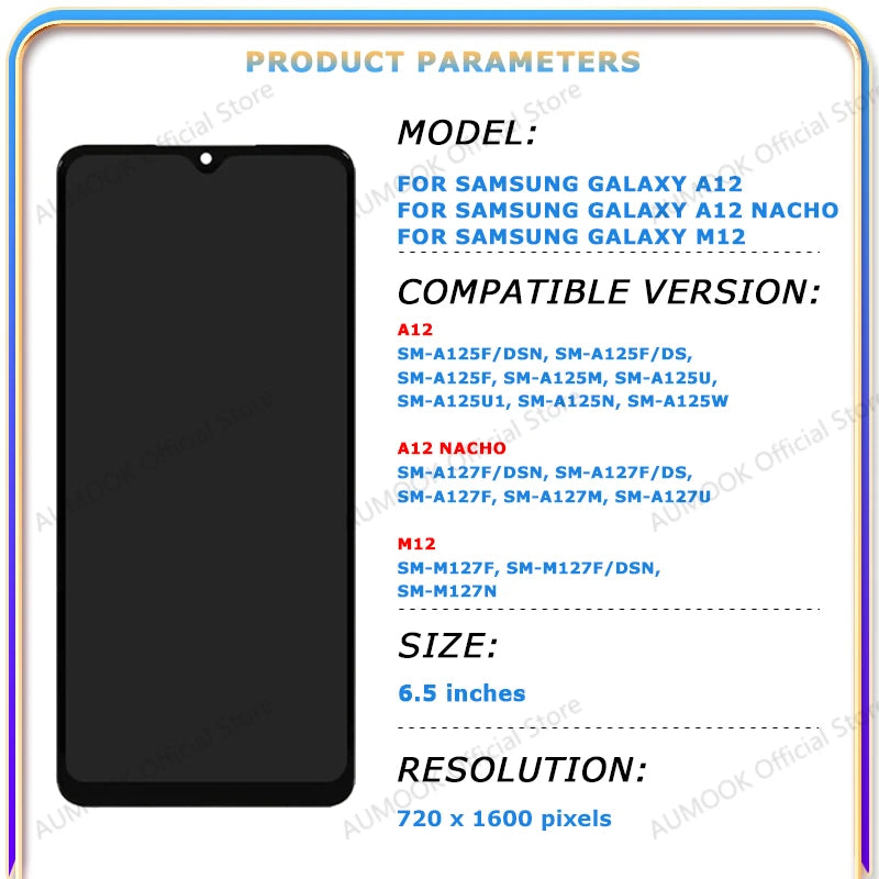 Pantalla LCD de 6,5 pulgadas para Samsung Galaxy A12 A125 A12 Nacho A127 M12 M127, Panel de montaje de digitalizador con pantalla táctil LCD, piezas de reparación