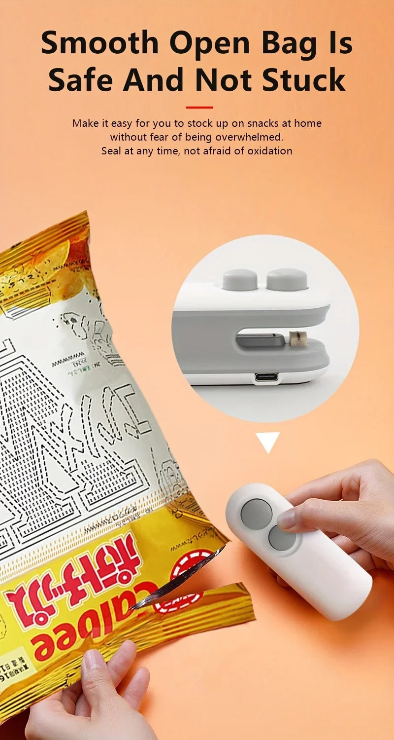 Mini máquina de sellado de bolsas de aperitivos, carga USB con cortador de chips, bolsa de plástico, dispositivo de almacenamiento de alimentos frescos
