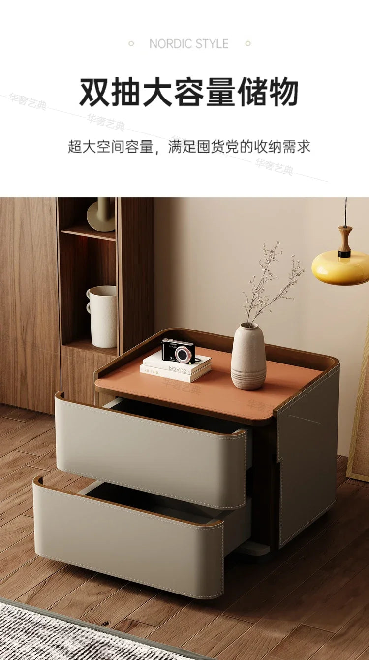 Mesita de Noche de Cuero con Cajones, Almacenamiento Estético para Dormitorio, Mesitas de Noche Modernas de Lujo, Muebles para el Hogar que Ahorran Espacio