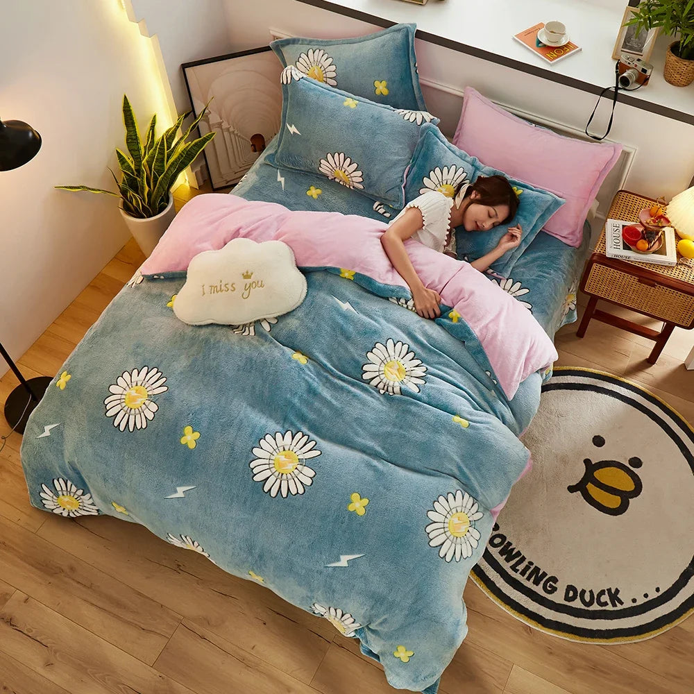 Funda nórdica de lana gruesa y cálida de franela Coral para invierno, juego de cama de terciopelo de doble cara, funda de edredón individual doble Queen King Size