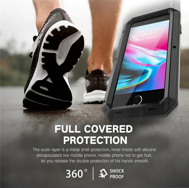 Funda protectora Armor resistente para iPhone 16 7 8 Plus XR Xs 11 12 13 15 16 Pro Max 14 Plus SE 360 cubierta de tanque de Metal a prueba de golpes