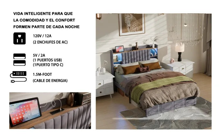 Base de Cama de Plataforma de Madera con Cajones de Almacenamiento, Tamaño Matrimonial, con Luces LED y Estación de Carga, No Requiere Somier, Gris