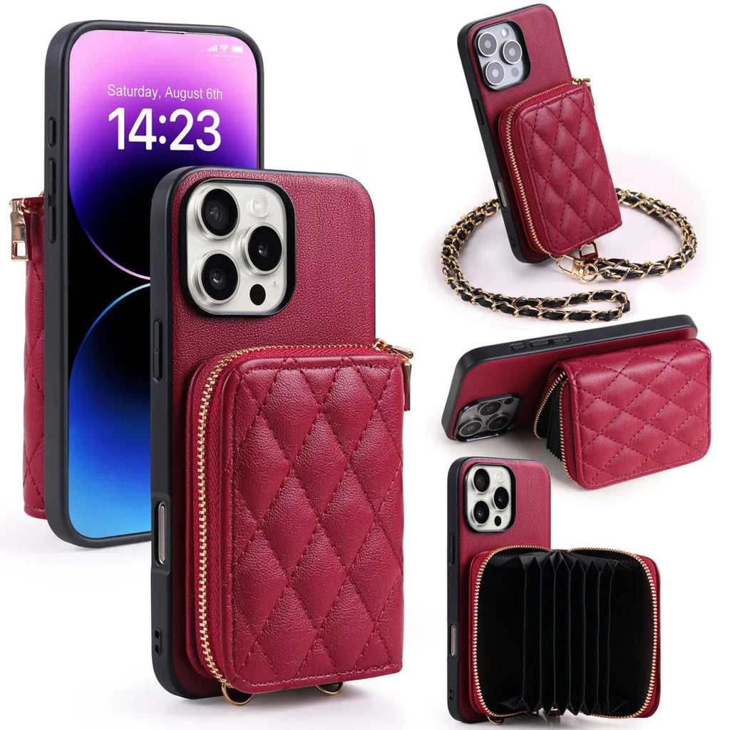 Nueva tendencia, funda de teléfono de cuero PU con patrón de cordero para iPhone 17 /16 /15/14/13/12/11, funda para tarjetas multifuncional, cadena larga elegante
