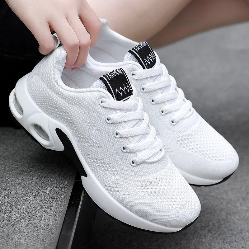 Zapatos deportivos transpirables con amortiguación de aire para mujer, zapatillas informales con cordones cruzados y tacón plano con punta redonda de estilo coreano