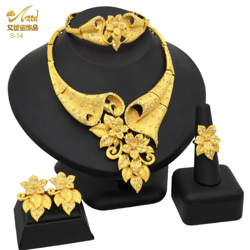Juego de joyería nupcial de lujo en oro 24k Au999 para novias africanas y mujeres saudíes, collar, pulsera, aretes y anillo, 4 piezas, regalo.