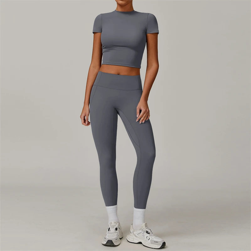 Conjunto de Yoga de 2 piezas para mujer, ropa deportiva de entrenamiento, ropa de gimnasio, Top corto de manga corta, mallas de cintura alta, trajes deportivos