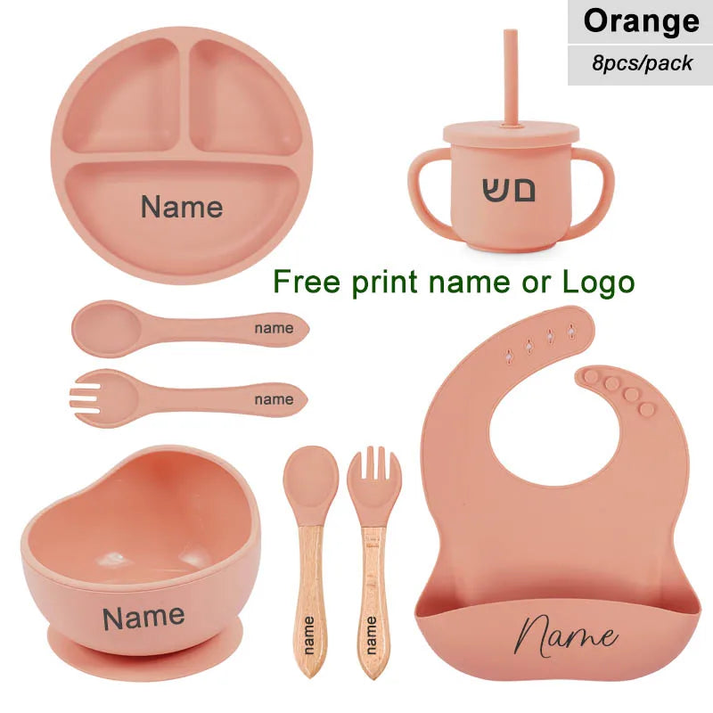 Juego de alimentación de silicona para bebé, plato de comedor redondo, cuenco con ventosa, platos para niños, vajilla con nombre personalizado, taza de paja, 8 Uds.