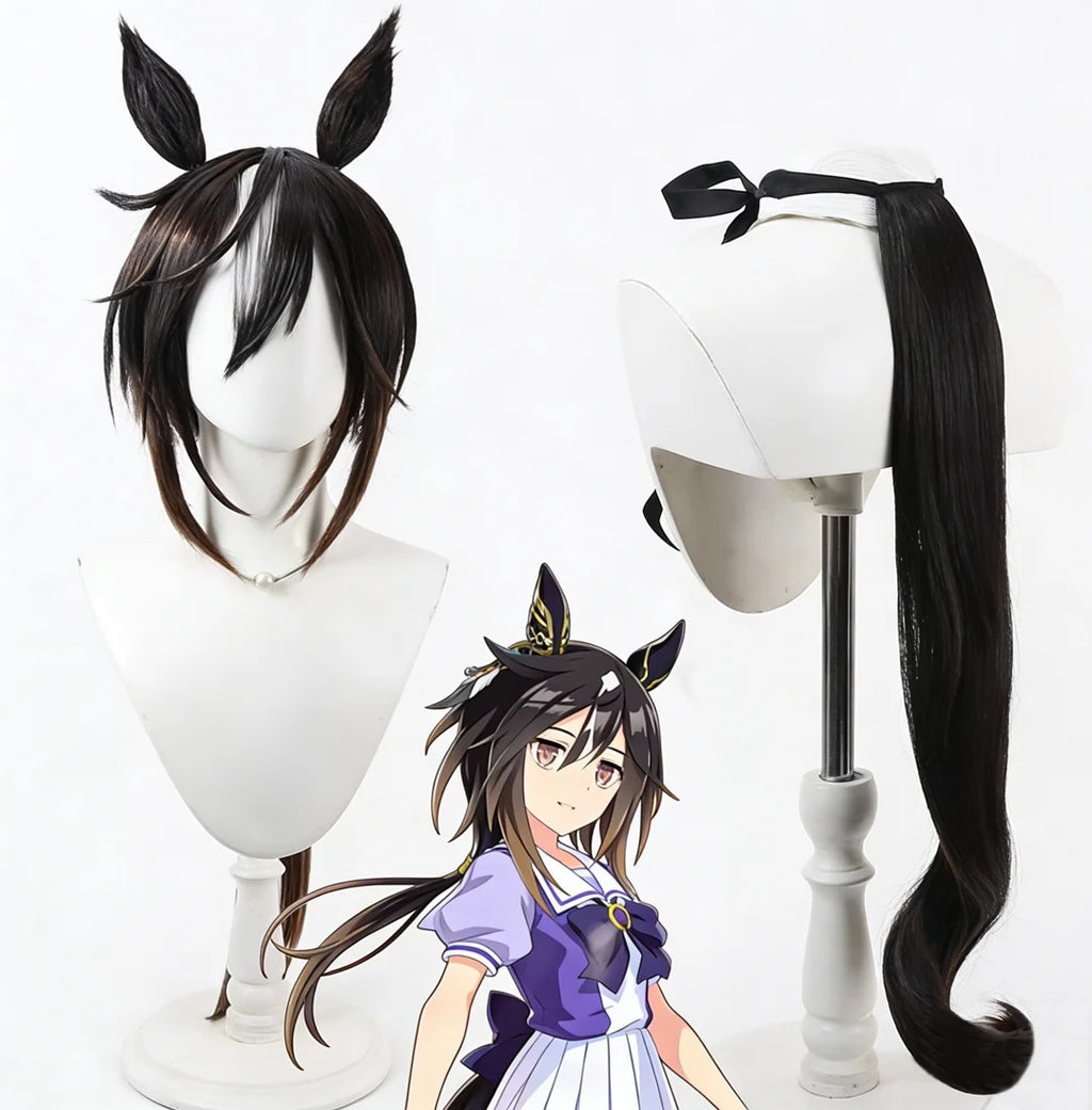 Peluca de cosplay de Uma Musume Pretty Derby Stay Gold para fiestas de anime y videojuegos, con pelucas de orejas y cola