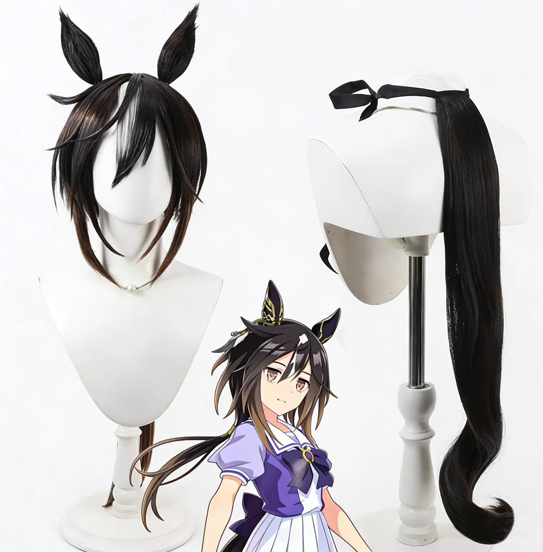 Peluca de cosplay de Uma Musume Pretty Derby Stay Gold para fiestas de anime y videojuegos, con pelucas de orejas y cola