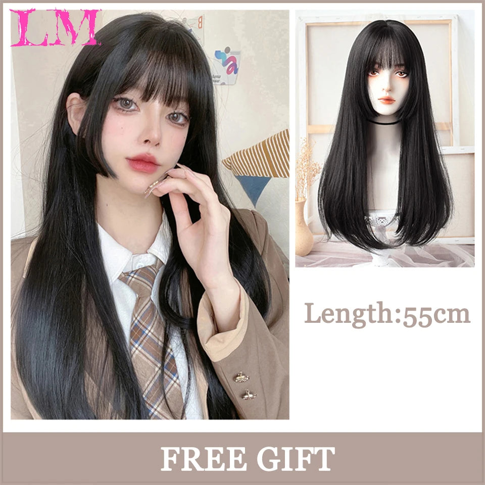 Pelucas sintéticas largas y rectas LM, color azul claro con reflejos de ceniza, peluca de Cosplay con flequillo para mujeres, pelo Natural, fibra resistente al calor