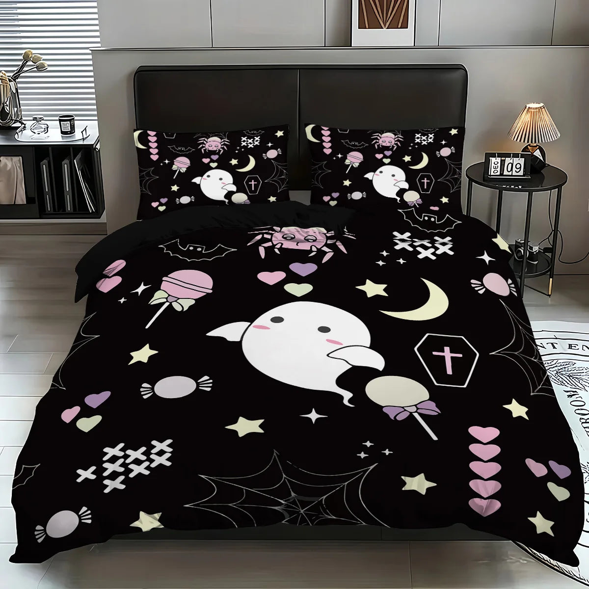 Juego de ropa de cama con estampado de fantasma para Halloween, sin núcleo, para dormitorio, sala de estar, dormitorio, varios tamaños, lavable a máquina, 3 uds.