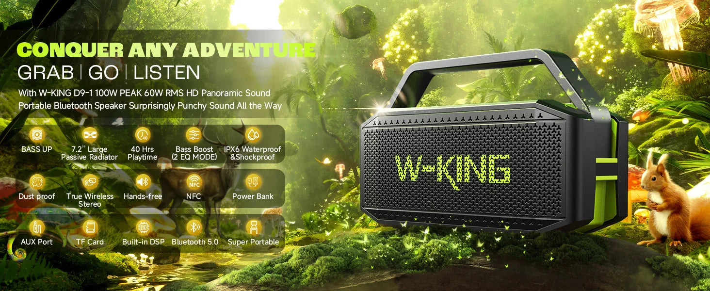 Altavoz Bluetooth W-KING D9-1 Verde, 100W Pico, 60W HD, IPX6, Portátil, Inalámbrico, Resistente al Agua, para Fiestas al Aire Libre, con 2 Subwoofers/Radiador Pasivo Extra Grande, Bajos Profundos, 40H, PowerBank, TF, AUX, E