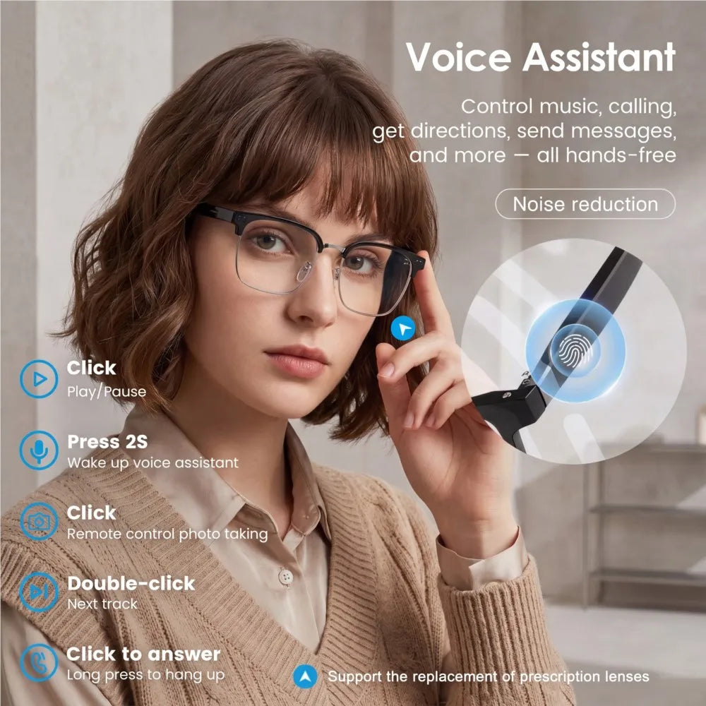 Gafas Inteligentes con Cámara para Hombre, Grabación de Video 4K, Reconocimiento de IA, Llamadas Bluetooth, Traducción de Voz, Anti Luz Azul para Mujer, para Trabajar