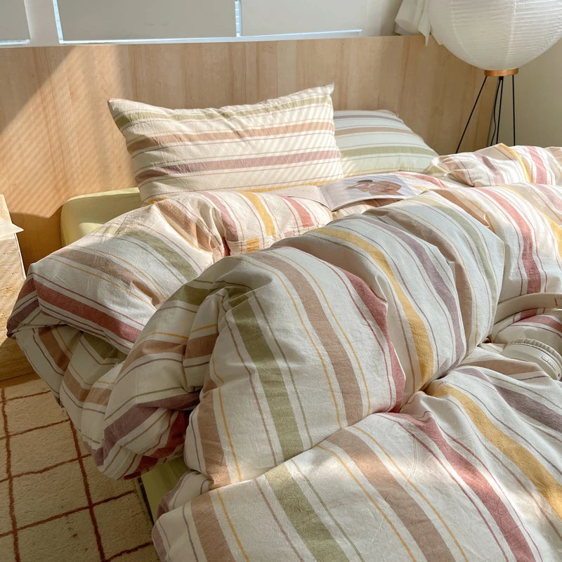 Juego de cama suave de algodón 100%, funda nórdica con estampado de rayas y funda de almohada, ropa de cama, colcha, fundas de almohada, juegos de edredón