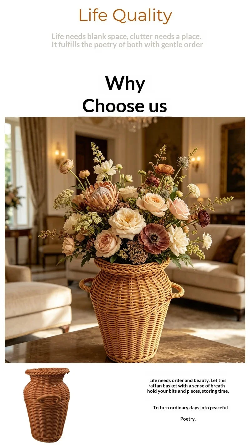Jarrón de Ratán Tejido a Mano con Asas, Estilo Boho, Maceta Decorativa para Arreglos Florales de Interior y Decoración del Hogar