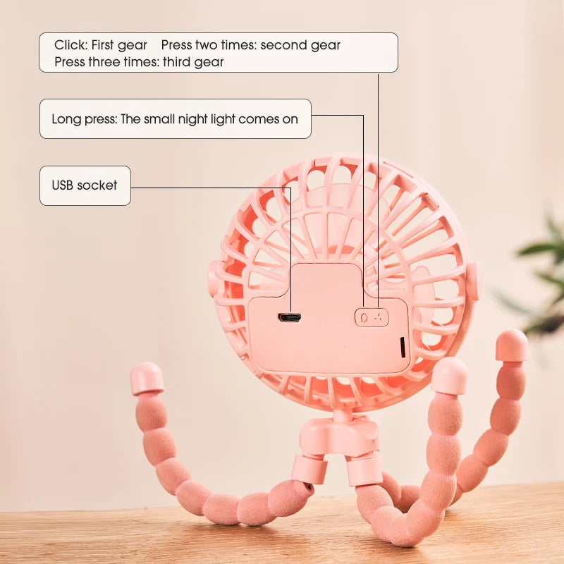 Ventilador portátil plegable de escritorio con USB, Mini ventilador de pulpo multifuncional pequeño, silencioso, para cochecito de bebé al aire libre, Verano