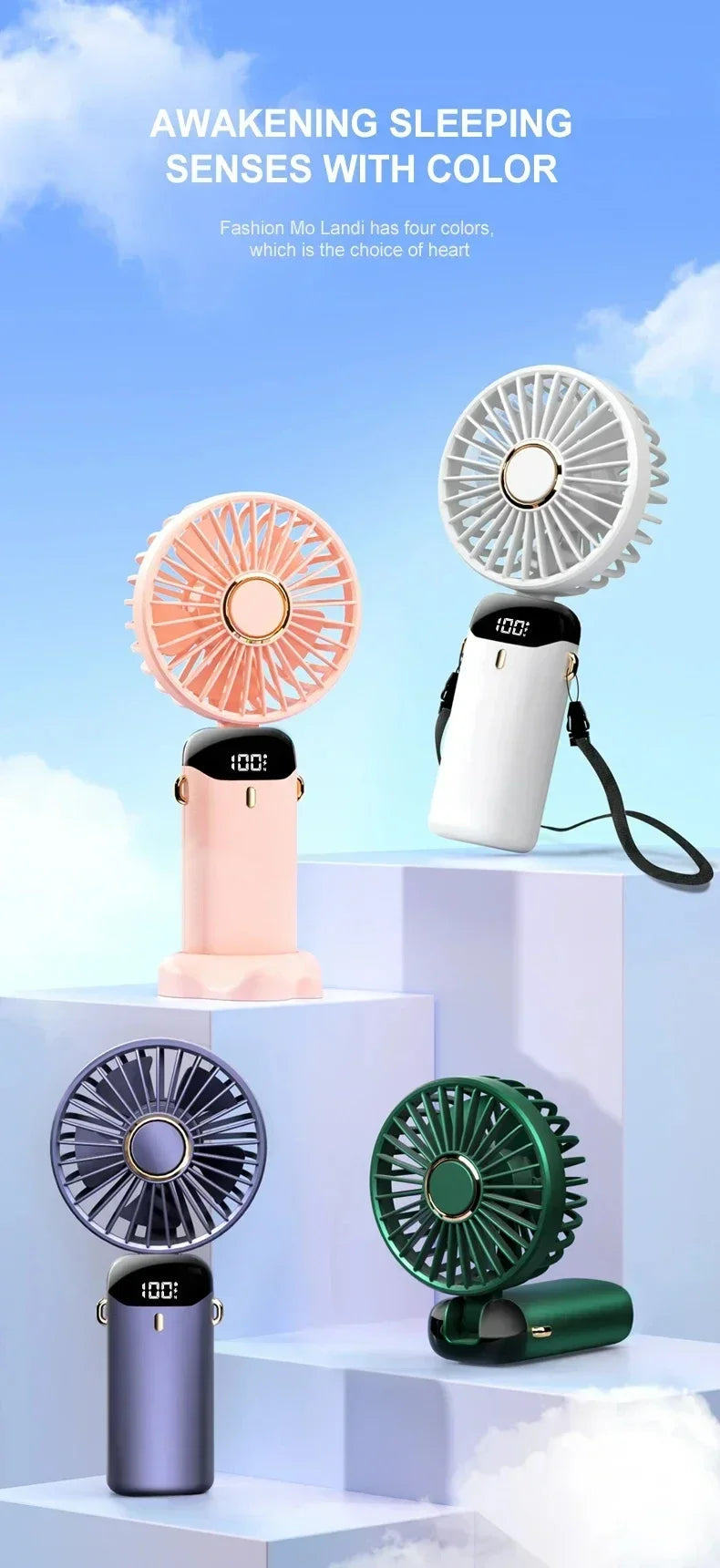 Ventilador recargable personal portátil de mano con pantalla digital LED 90 ° Ventilador recargable ajustable, mini aromaterapia de viento de 5 velocidades